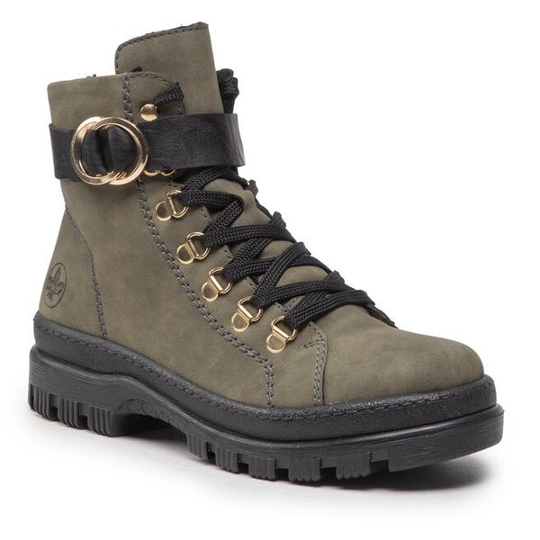 Trzewiki Rieker. Zielone botki Rieker, bez wzorów, bez obcasa, na płaskiej podeszwie, bez zapięcia. Za 271.99 zł.