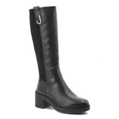 Kozaki damskie Jeep, wysoka cholewka na klocku z okrągłym noskiem i zapinane na zamek, czarne, JL52611A-062. Czarne kozaki Jeep, z materiału, z okrągłym noskiem, przed kolano, bez obcasa, na obcasie, bez zapięcia. Za 329.00 zł.