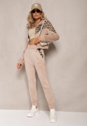 Beżowy Welurowy Komplet Dresowy 2-Częściowy z Animal Print Bluza i Spodnie Atisilva. Brązowe bluzy Renee, m, bez wzorów, z dresówki, bez kaptura. Za 59.99 zł.