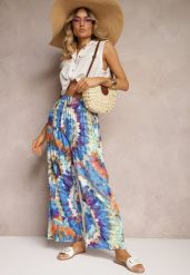 Niebieskie Wiskozowe Spodnie o Szerokim Kroju High Waist Tie Dye z Gumką w Talii Nalflea. Niebieskie spodnie materiałowe Renee, na co dzień, bez wzorów, z jeansu, z podwyższonym stanem. Za 39.99 zł.