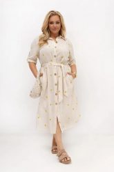 Beżowa sukienka koszulowa w cytrynki Lemone z paskiem – bawełna i len OVERSIZE PLUS SIZE LATO. Brązowe sukienki Moda Size Plus Iwanek, do pracy, na lato, plus size, bez wzorów, z bawełny, biznesowe, bez kołnierzyka, plus size, bez ramiączek, midi, dopasowane. Za 349.90 zł.