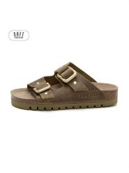 Teegu Skórzane klapki w kolorze khaki rozmiar: 37. Brązowe klapki teegu, bez wzorów, z otwartym noskiem, bez obcasa. Za 130.99 zł.