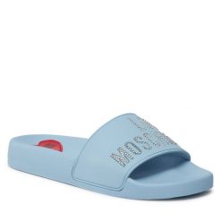 Klapki LOVE MOSCHINO. Niebieskie klapki Love Moschino, bez wzorów, bez obcasa. Za 289.99 zł.