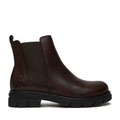 Sztyblety Rieker. Brązowe botki Rieker, bez wzorów, bez obcasa, na płaskiej podeszwie, bez zapięcia. Za 419.99 zł.