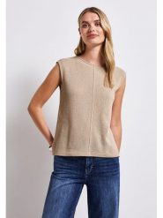Street One Top dzianinowy w kolorze beżowym rozmiar: 36. Brązowe topy Street One, bez wzorów, z dzianiny, bez kołnierzyka, bez ramiączek. Za 100.99 zł.