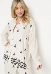 Biało-Czarna Koszula z Lnu i Wiskozy Ozdobiona Haftem w Stylu Etno Alarisa. Białe koszule Born2be, bez wzorów, z jeansu, eleganckie, bez kołnierzyka, bez ramiączek. Za 99.99 zł.