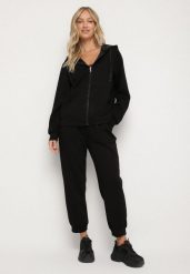 Czarny Komplet Dresowy Rozpinana Bluza i Spodnie Joggery z Bawełną Anarrise. Czarne bluzy Born2be, l, bez wzorów, z bawełny, z kapturem. Za 149.99 zł.
