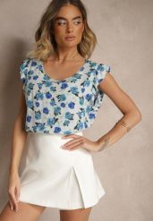 Niebieska Kwiatowa Bluzka z Bawełny Ulosirenia. Niebieskie bluzki Renee, l, bez wzorów, z bawełny, eleganckie, bez kołnierzyka, bez ramiączek. W wyprzedaży za 27.99 zł.
