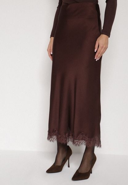 Brązowa Satynowa Spódnica z Koronkowym Zdobieniem Silfera. Brązowe spódnice Born2be, na co dzień, l, z aplikacjami, z koronki, klasyczne, maxi, dopasowane. Za 119.99 zł.