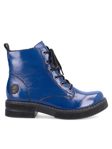 Rieker Trzewiki 72010-15 Niebieski. Niebieskie botki Rieker, bez wzorów, z materiału, bez obcasa, na płaskiej podeszwie, bez zapięcia. Za 269.99 zł.