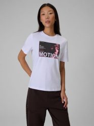 4F T-shirt relaxed z nadrukiem damski - biały XS. Białe koszulki sportowe 4f, bez wzorów, z bawełny, bez ramiączek. Za 69.99 zł.