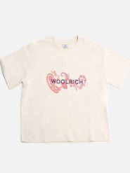 Woolrich Koszulka "Graphic" w kolorze kremowym rozmiar: M. Brązowe bluzki Woolrich, m, bez wzorów, z bawełny, bez kołnierzyka, bez ramiączek. Za 128.25 zł.