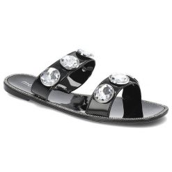 Czarne Klapki Moow Eleganckie Buty Na Lato. Czarne klapki Moow, z aplikacjami, z jeansu, bez obcasa. Za 129.00 zł.