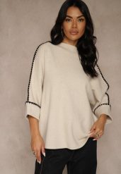 Beżowy Sweter Ozdobiony Lamówką na Rękawach Tusenna. Brązowe swetry Renee, bez wzorów, z jeansu, bez ramiączek. Za 99.99 zł.