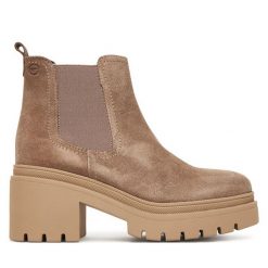 Sztyblety Tamaris. Brązowe botki Tamaris, bez wzorów, bez obcasa, na słupku, bez zapięcia. Za 489.99 zł.