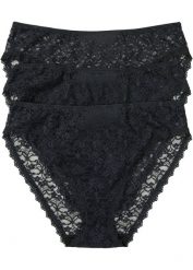 Figi maxi z koronki z recyklingu z głębokim wycięciem nogawek (3 pary). Czarne figi bonprix, bez wzorów, z koronki. Za 62.99 zł.