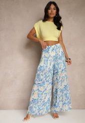 Niebieskie Spodnie High Waist Zdobione Plisami i Kwiatowym Printem Folamea. Niebieskie spodnie materiałowe Renee, na co dzień, z aplikacjami, z jeansu, z podwyższonym stanem. Za 89.99 zł.