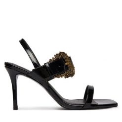 Sandały Versace Jeans Couture. Czarne sandały Versace Jeans Couture, bez wzorów, z jeansu, bez obcasa, na szpilce, bez zapięcia. Za 869.99 zł.