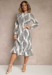 Biała Rozkloszowana Sukienka w Etniczny Print z Gumką w Talii i Falbanką Napirea. Białe sukienki Renee, na co dzień, m, bez wzorów, eleganckie, bez kołnierzyka, bez ramiączek, midi, rozkloszowane. Za 79.99 zł.