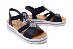RIEKER V0287-14 blue, sandały damskie. Niebieskie sandały Rieker, bez wzorów, bez obcasa, na koturnie, bez zapięcia. Za 299.90 zł.