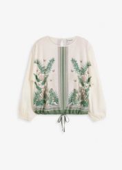 Tunika shirtowa z nadrukiem. Białe tuniki bonprix, bez wzorów, eleganckie, bez kołnierzyka, bez ramiączek. Za 107.99 zł.