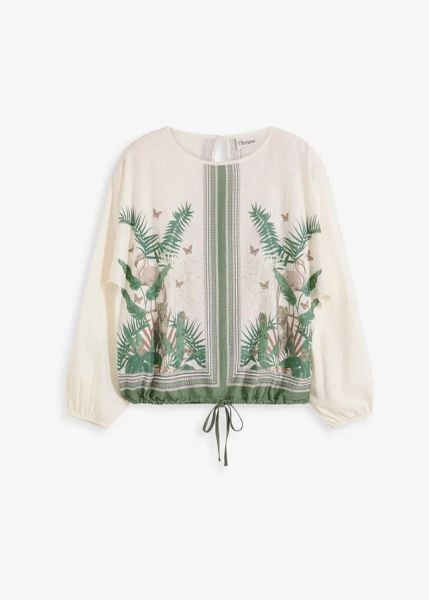 Tunika shirtowa z nadrukiem. Białe tuniki bonprix, bez wzorów, eleganckie, bez kołnierzyka, bez ramiączek. Za 107.99 zł.