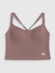 4F Crop top treningowy z niskim wsparciem damski 4F x Anna Lewandowska - beżowy S. Brązowe topy 4f, l, bez wzorów, z materiału, bez kołnierzyka, bez ramiączek. Za 149.99 zł.