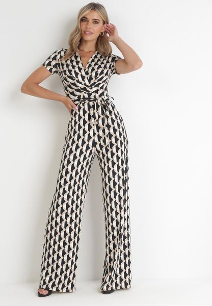 Beżowy Długi Kombinezon Kopertowy Wiązany w Pasaie Braya. Brązowe sukienki Born2be, na lato, l, bez wzorów, z materiału, bez kołnierzyka, bez ramiączek, maxi, kopertowe. Za 139.99 zł.