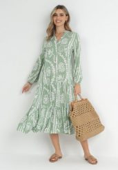 Jasnozielona Sukienka Oversize z Falbaną na Dole i Ornamentalnym Wzorem Amycia. Zielone sukienki Born2be, m, z aplikacjami, retro, bez kołnierzyka, bez ramiączek, midi, oversize. Za 119.99 zł.