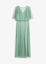 Sukienka maxi z delikatnego tiulu z aplikacją z cekinami. Czerwone sukienki bonprix, z aplikacjami, z tiulu, klasyczne, bez kołnierzyka, bez ramiączek, maxi. Za 379.99 zł.