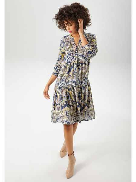 Aniston Sukienka w kolorze granatowo-żółtym rozmiar: 36. Niebieskie sukienki Aniston, bez wzorów, z wiskozy, bez kołnierzyka, bez ramiączek, midi. Za 113.10 zł.