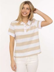 Zwillingsherz Koszulka polo "Stripes" w kolorze biało-beżowym rozmiar: M. Białe koszulki polo Zwillingsherz, m, bez wzorów, z bawełny, bez kołnierzyka, bez ramiączek. Za 141.85 zł.