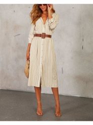 Milan Kiss Sukienka w kolorze beżowo-białym rozmiar: S. Brązowe sukienki Milan Kiss, na co dzień, s, bez wzorów, z tkaniny, bez kołnierzyka, bez ramiączek, midi, proste. Za 173.99 zł.