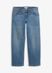 Jeansy o kroju barrel, mid waist. Niebieskie jeansy bonprix, bez wzorów. Za 124.99 zł.