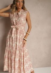 Różowa Sukienka z Wiskozy Bez Rękawów z Paskiem z Wiązaniem Filanesse. Czerwone sukienki Renee, na spotkanie biznesowe, na lato, l, bez wzorów, z wiskozy, eleganckie, bez kołnierzyka, bez ramiączek, maxi, rozkloszowane. Za 79.99 zł.
