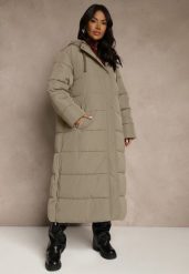 Zielona Długa Kurtka Zimowa z Pikowanymi Przeszyciami Kapturem i Suwakami Mevanesa. Brązowe kurtki sportowe Renee, na zimę, plus size, bez wzorów, z jeansu. Za 279.99 zł.