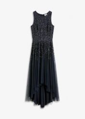 Sukienka z dłuższym tyłem z haftem z cekinów. Niebieskie sukienki bonprix, bez wzorów, eleganckie, bez kołnierzyka, bez ramiączek. Za 349.99 zł.