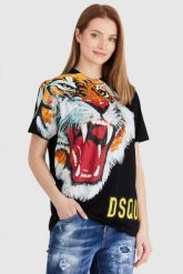DSQUARED2 Czarny t-shirt damski z tygrysem, Rozmiar S. Czarne t-shirty Dsquared2, s, bez wzorów, prążkowane, bez kołnierzyka, bez ramiączek. W wyprzedaży za 659.99 zł.