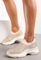Beżowe Buty Sportowe na Grubej Podeszwie w Cyrkonie Elerene. Brązowe obuwie sportowe Renee, bez zapięcia. Za 49.99 zł.
