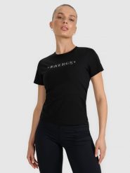 4F T-shirt slim z nadrukiem damski - czarny XL. Czarne koszulki sportowe 4f, bez wzorów, z bawełny, bez ramiączek. Za 59.99 zł.