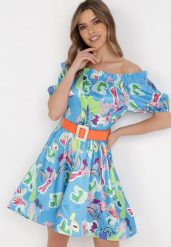 Niebieska Sukienka Satynowa Theophanthe. Niebieskie sukienki Born2be, na wesele, m, z aplikacjami, z satyny, bez kołnierzyka, bez ramiączek, mini, rozkloszowane. Za 29.99 zł.