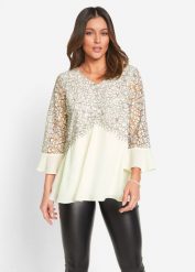 Tunika z koronką. Białe tuniki bonprix, bez wzorów, z koronki, bez kołnierzyka, bez ramiączek. Za 169.99 zł.