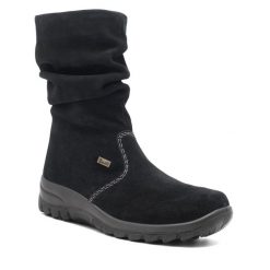 Botki Rieker. Czarne botki Rieker, bez wzorów, bez obcasa, na płaskiej podeszwie, bez zapięcia. Za 279.99 zł.