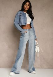 Niebieskie Jeansy High Waist Wide Leg w Dwóch Odcieniach Denimu Carilvienne. Niebieskie jeansy Renee, l, bez wzorów, z podwyższonym stanem. Za 129.99 zł.