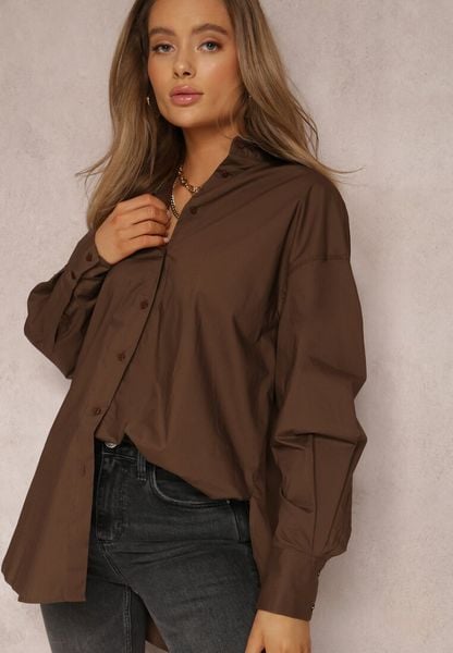 Ciemnobrązowa Koszula Bawełniana Aquida. Brązowe koszule Renee, l, bez wzorów, z bawełny, bez kołnierzyka, bez ramiączek. Za 99.99 zł.