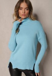 Jasnoniebieski Casualowy Golf z Bawełną i Wiskozą oraz Rozcięciami po Bokach Cialisea. Niebieskie golfy Renee, l, bez wzorów, z bawełny, bez ramiączek. Za 34.99 zł.