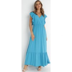 Niebieska Sukienka z Wiskozy Aserus. Niebieskie sukienki Born2be, l, bez wzorów, z tkaniny, bez kołnierzyka, bez ramiączek, maxi, kopertowe. Za 79.99 zł.