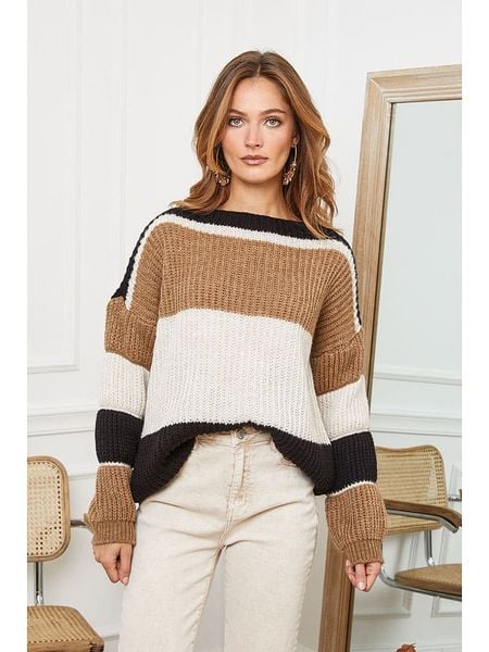 Joséfine Sweter "Calzoni" w kolorze karmelowo-czarno-beżowym rozmiar: L. Brązowe swetry Joséfine, l, bez wzorów, z wełny, bez ramiączek. Za 152.98 zł.