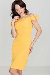 Szykowna Musztardowa Sukienka z Kokardkami na Ramionach. Sukienki SALE, l, bez wzorów, z materiału, eleganckie, bez kołnierzyka, bez ramiączek. Za 74.70 zł.