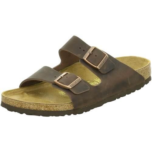 Klapki Birkenstock Arizona. Brązowe klapki Birkenstock, bez wzorów, z jeansu, bez obcasa. Za 526.25 zł.